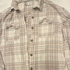 Hollister Women's Boyfriend Fit Cream and Tan Plaid Button-Down Shirt